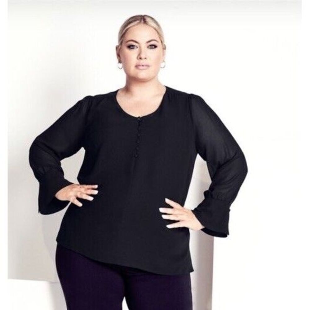 Avenue Womens Black V Neck Flared Sheer Long Sleeves Alena Blouse Size 20 NWT